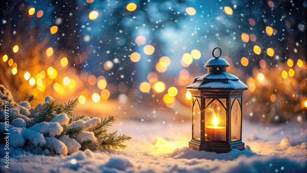 Winter's enchanting glow: lantern light dances on falling snow, bokeh's soft embrace. Winter's enchanting glow: lantern light dances on falling snow, bokeh's soft embrace.