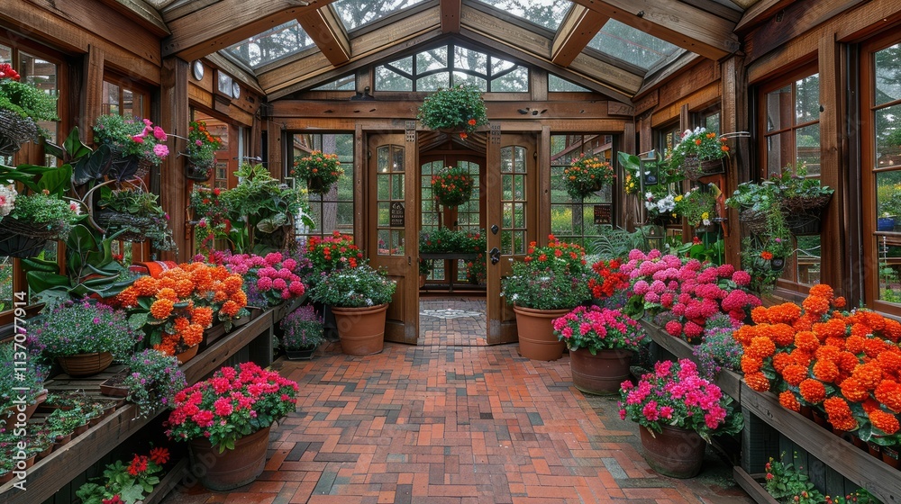 Obraz premium A vibrant greenhouse filled with colorful flowers and plants, showcasing nature's beauty.