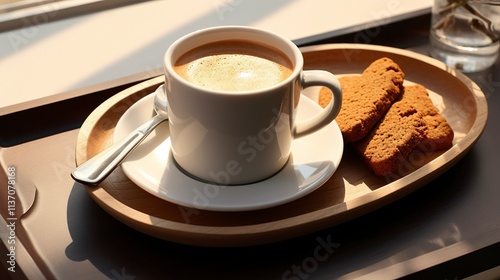 A photo of a coffee cup placed on a tray