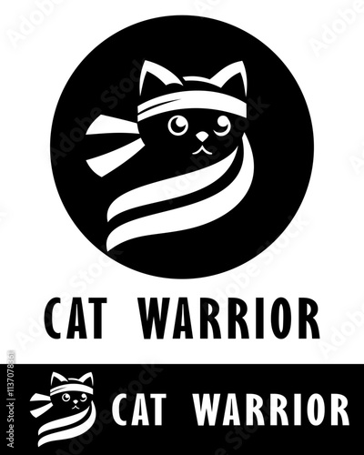 A creative cat warrior logo design featuring a stylized cat with a headband in a circular frame