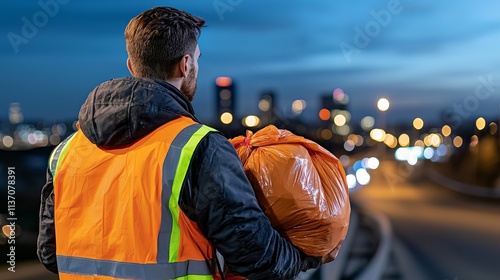 A young Caucasian male waste collector in an orange vest, holding a bag of trash against a night skyline. photo