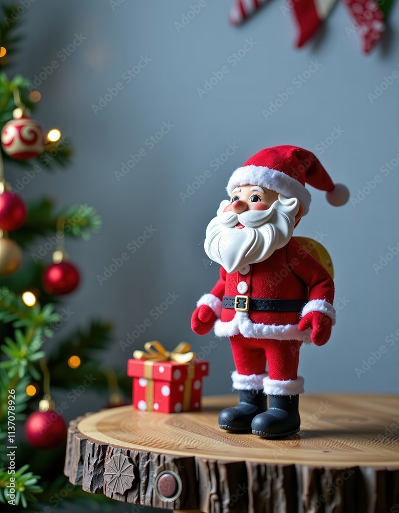 features a festive christmas scene showcasing santa claus, a vibrant red and white gift box, and an intricately decorated christmas tree. a subtle hint of a christmas garland adorns the wall in the features a festive christmas scene showcasing santa claus, a vibrant red and white gift box, and an intricately decorated christmas tree. a subtle hint of a christmas garland adorns the wall in the