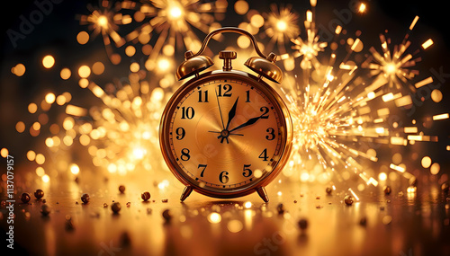 A stunning golden clock nearing midnight with dazzling fireworks in a defocused abstract background, radiating vibrant energy and marking the exciting countdown to New Year 2025