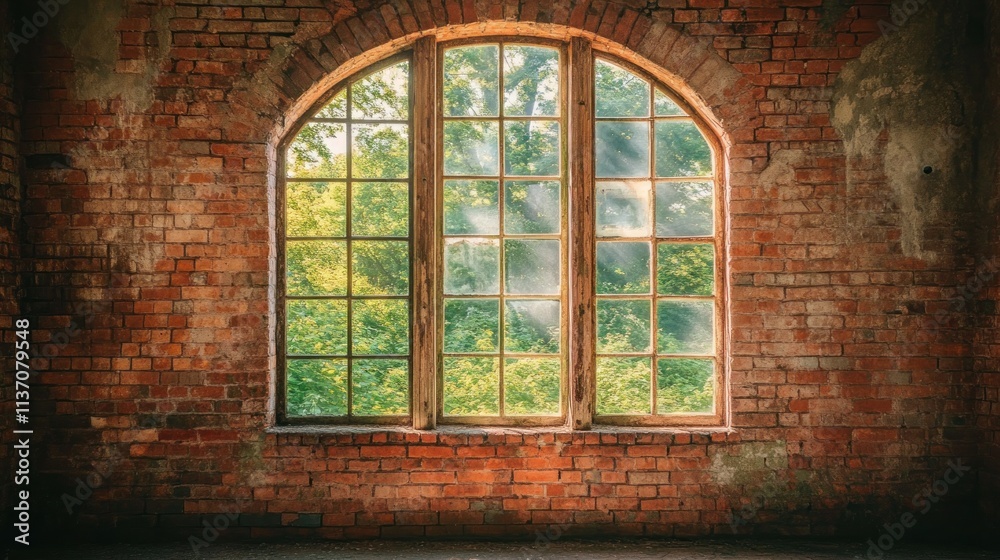 Sunlit arched window in old brick wall. Sunlit arched window in old brick wall.