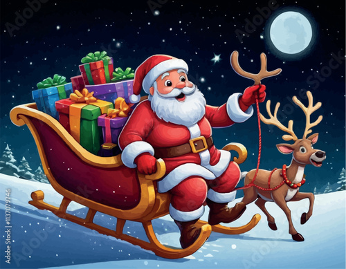 Cartoon Santa in Sleigh Full of Gifts Pulled by Reindeer on a Starry Winter Night