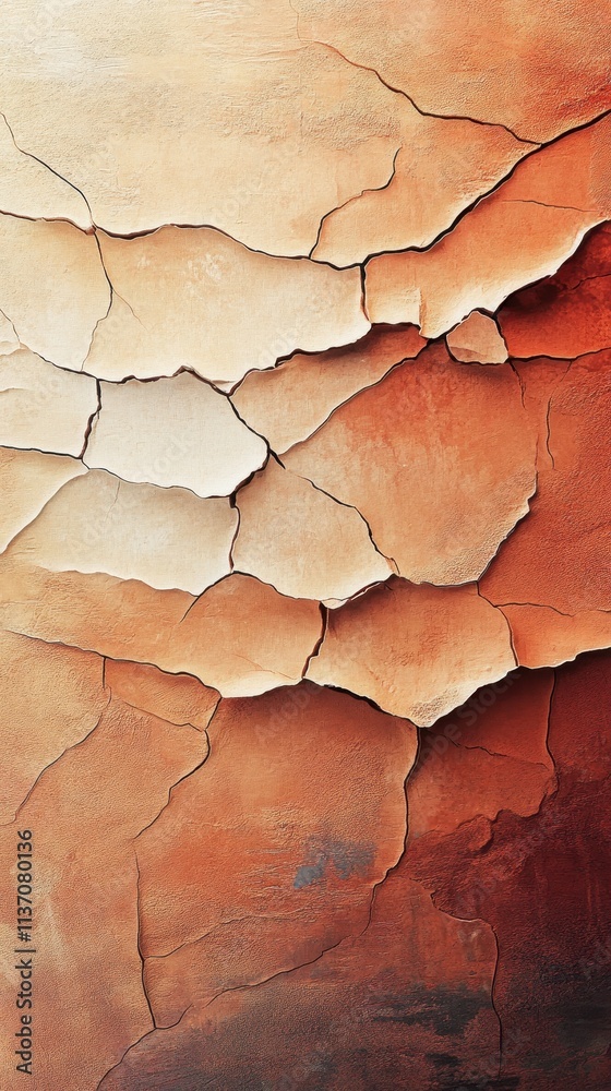 Fototapeta premium Cracked dry earth texture in warm orange and beige tones illustrating drought and desert surface pattern