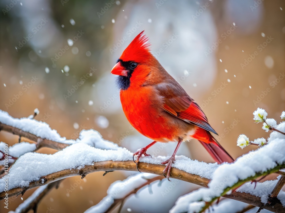 Low light enhances the cardinal's crimson plumage against the stark white winter branch. Low light enhances the cardinal's crimson plumage against the stark white winter branch.