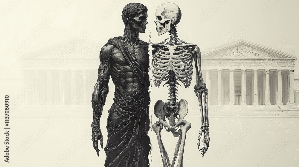 Fototapeta premium striking Gothic illustration showcases statue one side portraying athletic figure in dark garments and armor while other displays skeletal form haunting skull.