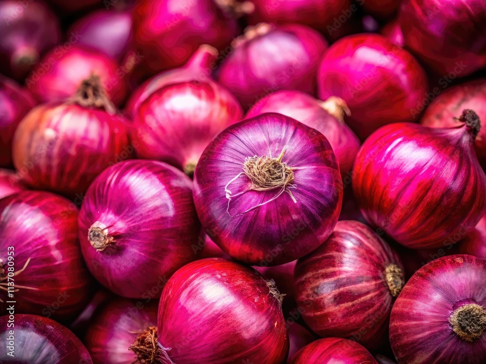 Red onions: a close-up showcasing a pile of raw, vibrant, peeled bulbs, ready for use. Red onions: a close-up showcasing a pile of raw, vibrant, peeled bulbs, ready for use.