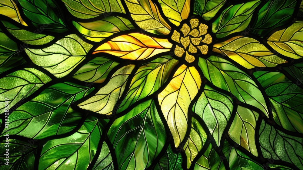 Stained Glass Window with Green and Yellow Floral Design Stained Glass Window with Green and Yellow Floral Design