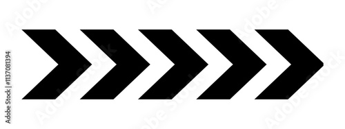 Black chevron arrows in horizontal arrangement. Repeated V-shaped stripes design. Motion, loading, road caution, military or navigation sign isolated on white background. Vector graphic illustration.
