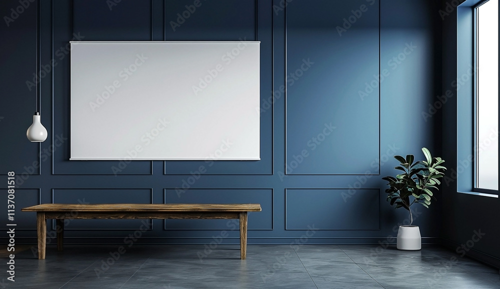 Modern Office Meeting Room with Blue Walls and Projector Screen Modern Office Meeting Room with Blue Walls and Projector Screen
