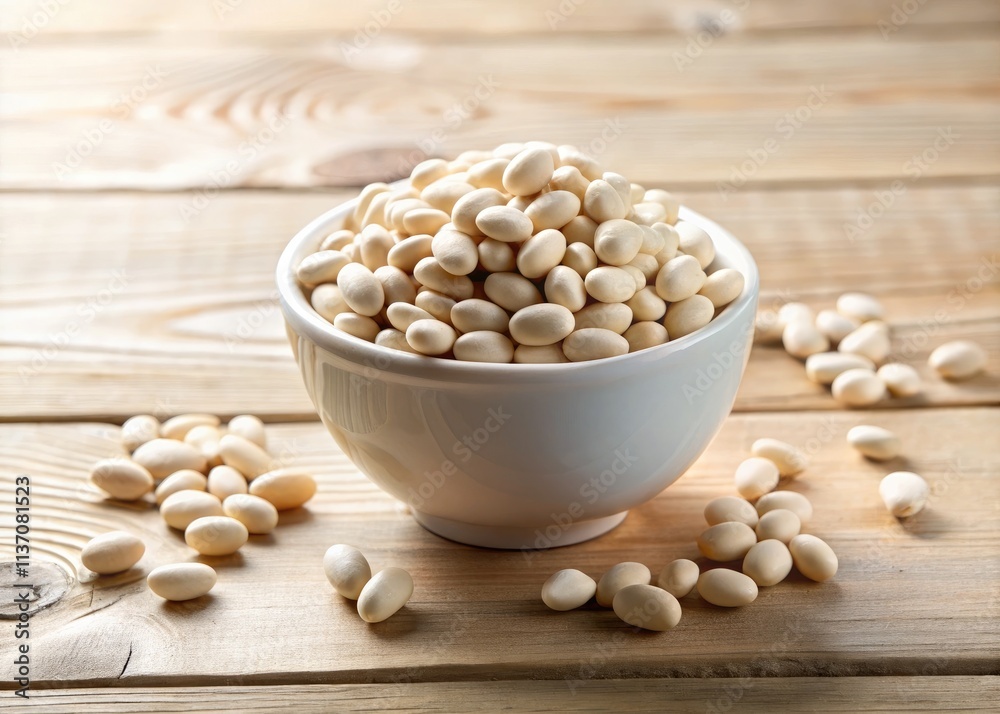 White beans in a simple white bowl, stark table. Clean, quiet still life. White beans in a simple white bowl, stark table. Clean, quiet still life.