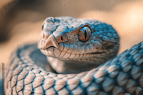 Detailed Close-Up of a Striking Blue Viper Snake in Nature. photo