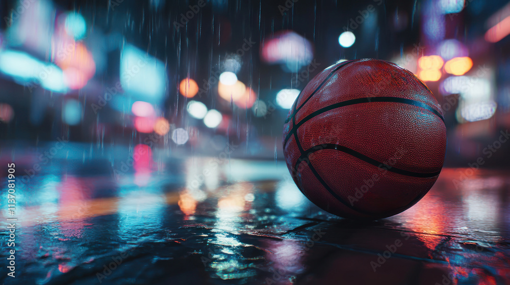 cinematic closeup of basketball on rainy urban street with wet pavement and blurred city lights at night cinematic closeup of basketball on rainy urban street with wet pavement and blurred city lights at night