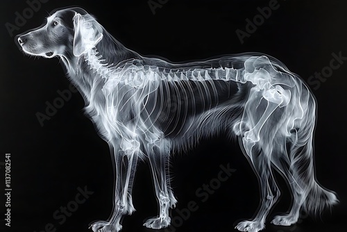 X-ray image of a dog's skeleton, showing detailed bone structure.