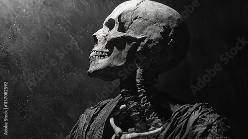 dramatic noir style illustration showcases ancient statue one half revealing athletic form and other half skeletal enveloped in striking contrasts of shadow and light. photo