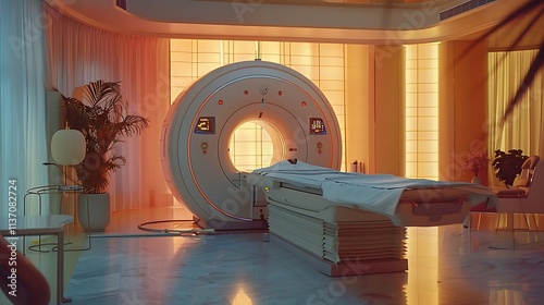 Modern MRI room with warm lighting, patient table, and tropical plants.