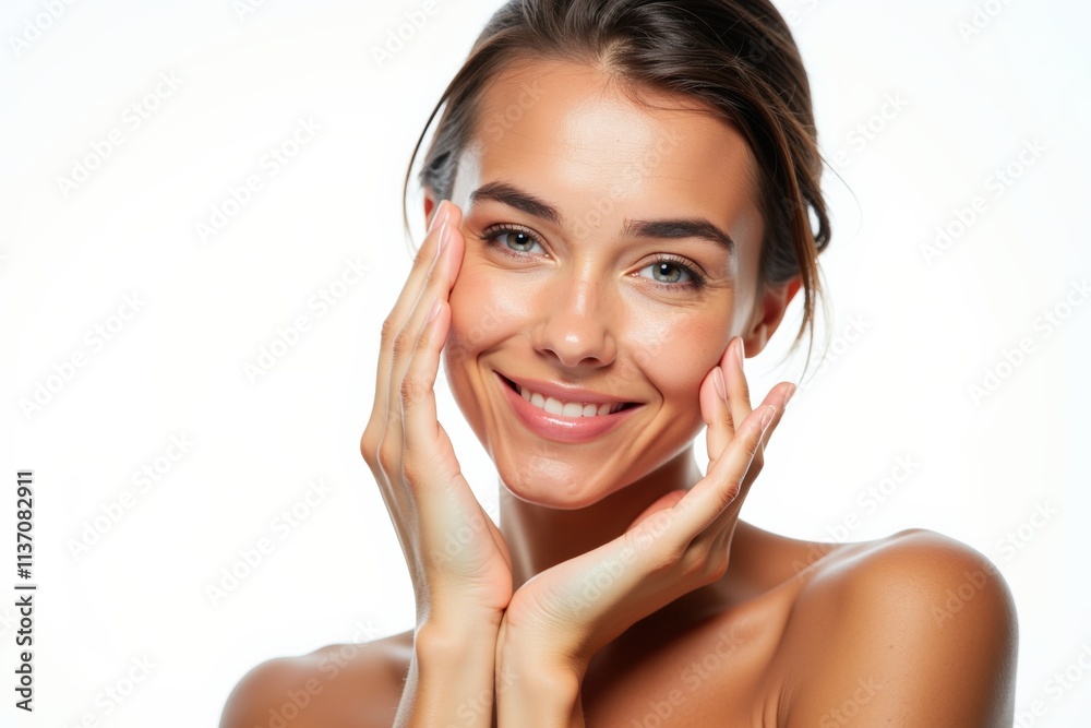 Radiant Young Woman Smiling with Hands on Face - Perfect for Skincare, Beauty, and Wellness Marketing Radiant Young Woman Smiling with Hands on Face - Perfect for Skincare, Beauty, and Wellness Marketing