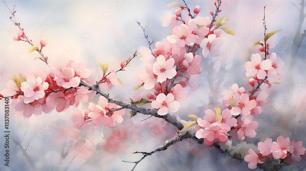 Delicate pink cherry blossoms in full bloom on a misty spring day. Delicate pink cherry blossoms in full bloom on a misty spring day.