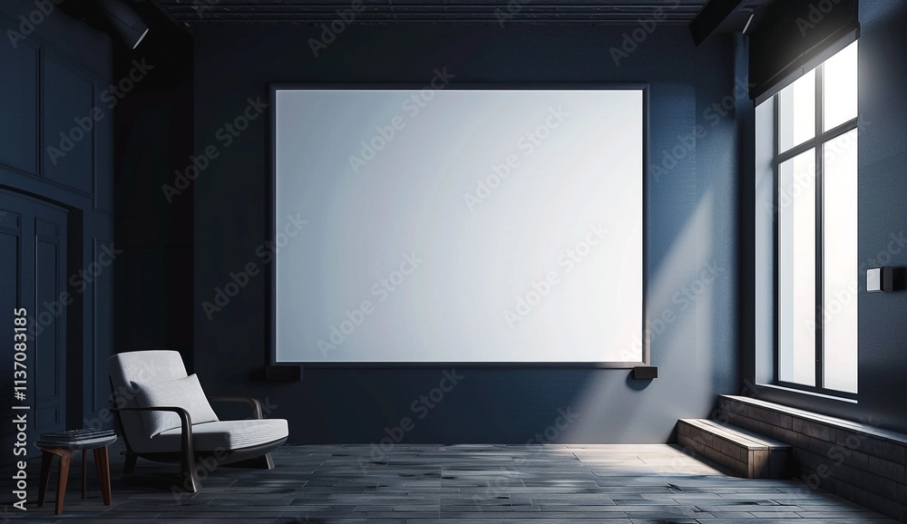 Meeting Room Interior with Blank Projector Screen and Blue Accents Meeting Room Interior with Blank Projector Screen and Blue Accents
