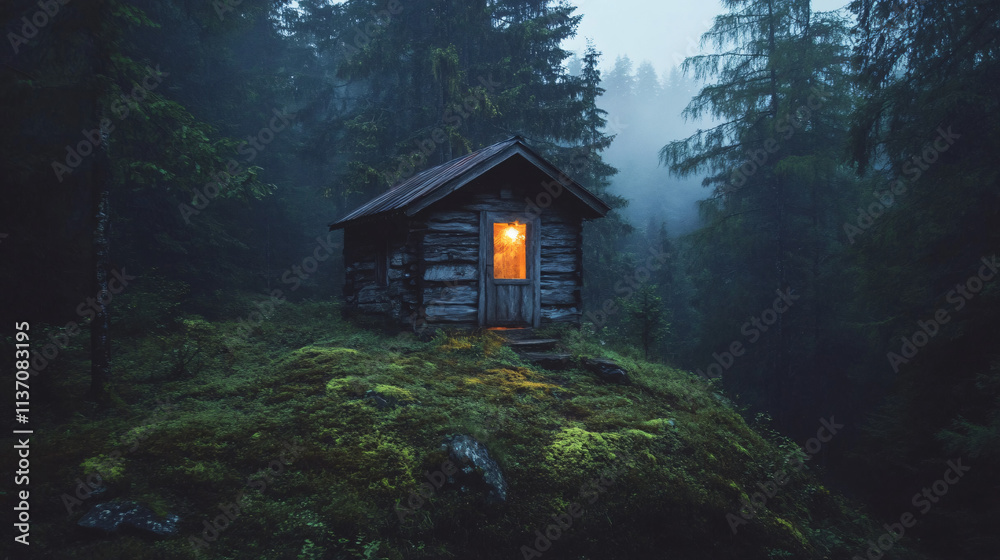 A weathered cabin perched on a hill in a dense forest, its door ajar and a faint light flickering inside. A weathered cabin perched on a hill in a dense forest, its door ajar and a faint light flickering inside.