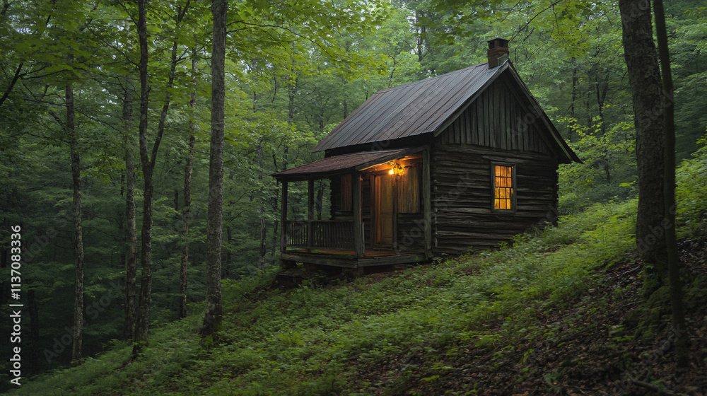 A weathered cabin perched on a hill in a dense forest, its door ajar and a faint light flickering inside. A weathered cabin perched on a hill in a dense forest, its door ajar and a faint light flickering inside.