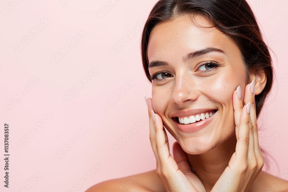 Radiant Young Woman Smiling with Hands on Face - Perfect for Beauty and Wellness Advertising Radiant Young Woman Smiling with Hands on Face - Perfect for Beauty and Wellness Advertising