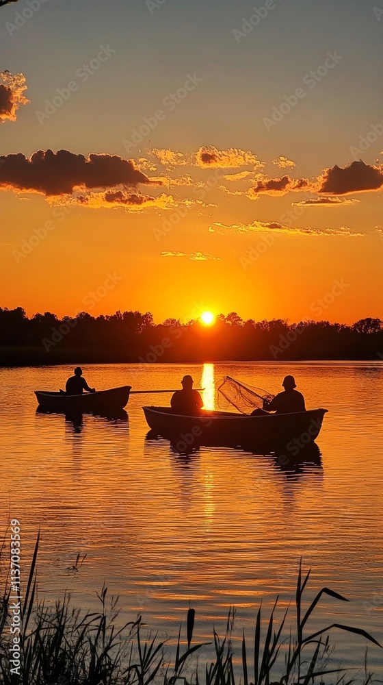 Serene Sunset Over a Calm Lake with Fishing Boats Serene Sunset Over a Calm Lake with Fishing Boats