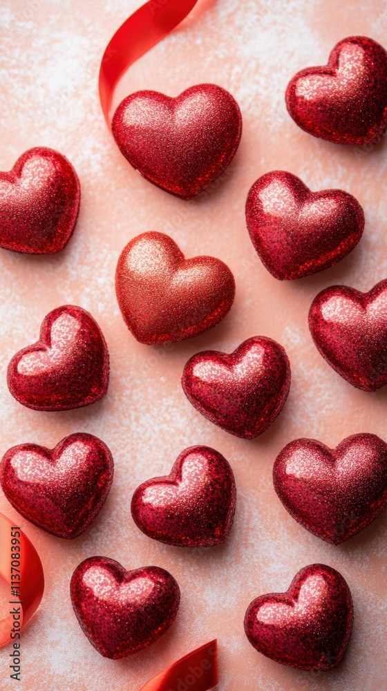 Red Glitter Hearts on Pink Background Red Glitter Hearts on Pink Background