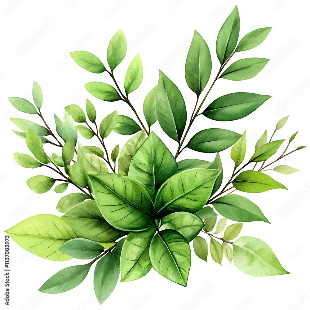 Fototapeta premium Lush Green Watercolor Collection Featuring Various Leafy Elements in a Vibrant and Natural Design, Perfect for Artistic and Nature-Inspired Projects