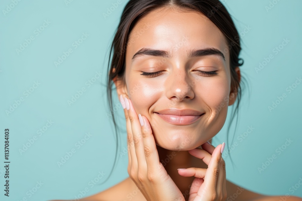 Experience Radiant Skin: Young Woman Showcasing Natural Beauty and Self-Care with a Calming Blue Background Experience Radiant Skin: Young Woman Showcasing Natural Beauty and Self-Care with a Calming Blue Background