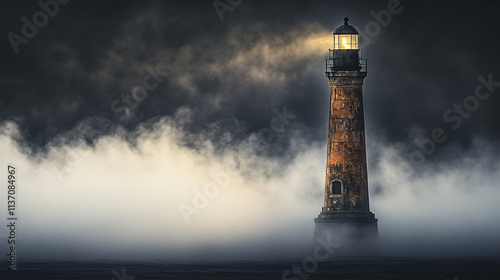 A weathered lighthouse illuminating the dark mist, its light guiding across a foggy expanse.