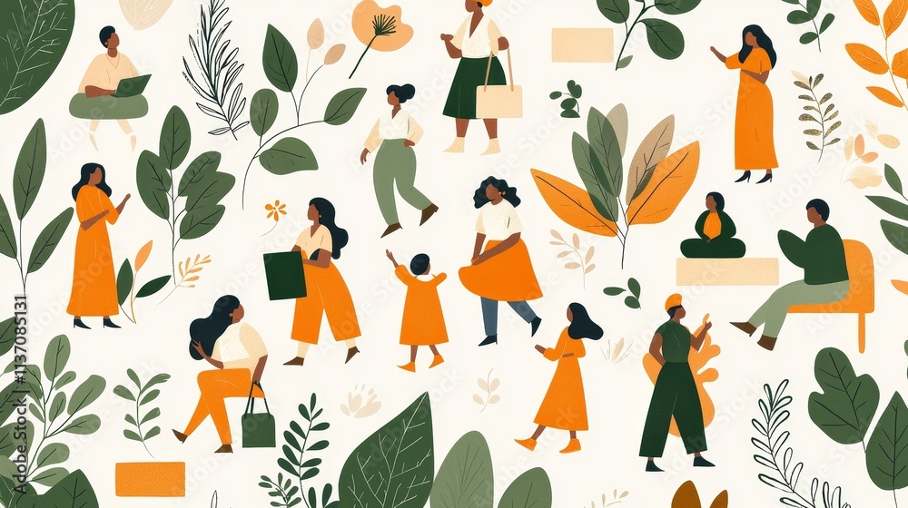 Obraz premium Women in Orange Dresses Surrounded by Green Leaves and Nature Elements