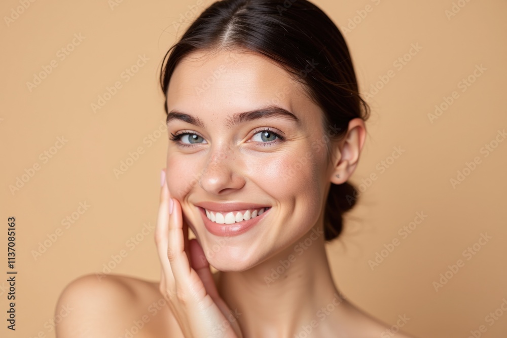 Radiant Young Woman Smiling Confidently Against Beige Background Perfect for Cosmetic Ads and Beauty Product Promotions Radiant Young Woman Smiling Confidently Against Beige Background Perfect for Cosmetic Ads and Beauty Product Promotions