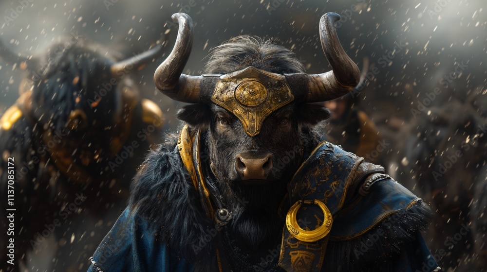 Majestic Yak Warrior Golden Armor Snow Mythical Creature Majestic Yak Warrior Golden Armor Snow Mythical Creature