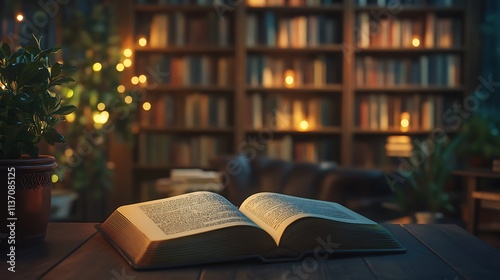 Open book rests on table near a dimly lit bookshelf