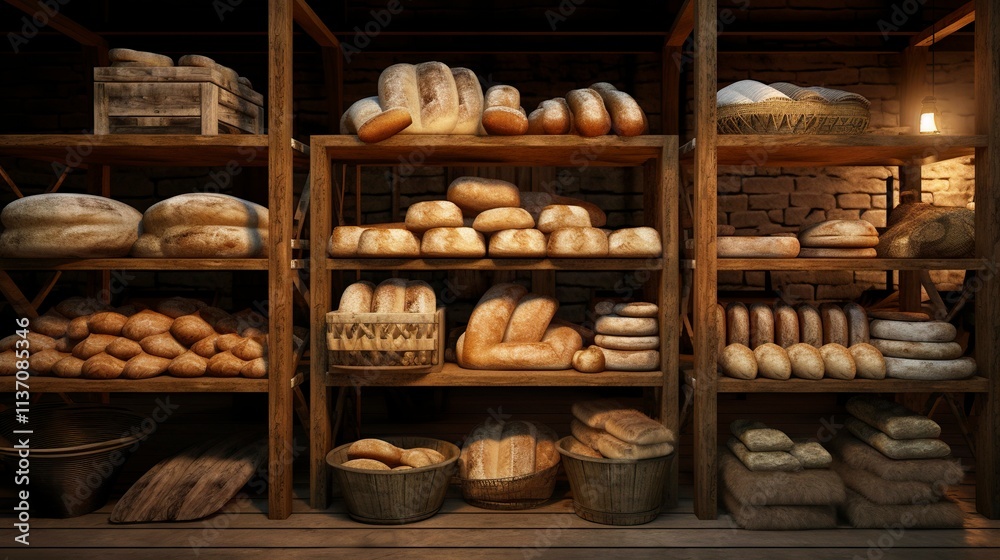 A photo of a display of artisanal bread in wooden crack A photo of a display of artisanal bread in wooden crack