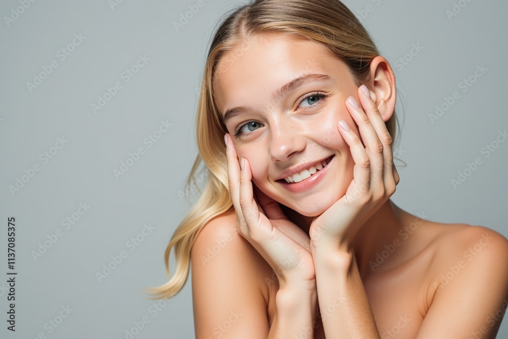 Radiant Young Woman Smiling with Hands on Face - Perfect for Skincare, Beauty, and Wellness Advertisements Radiant Young Woman Smiling with Hands on Face - Perfect for Skincare, Beauty, and Wellness Advertisements