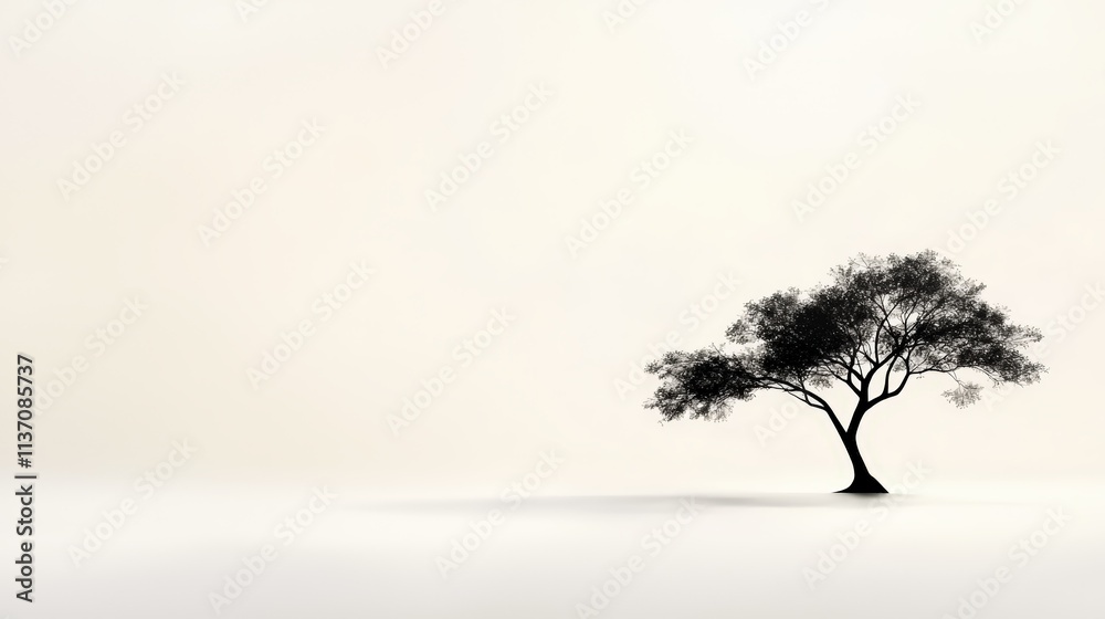 Obraz premium Abstract rendering of a simple tree silhouette in black, soft textures and a clean neutral background