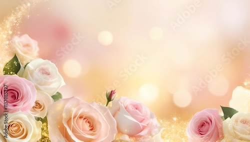 Gentle Bokeh Blurred Background with Pastel Roses and Golden Sparkles, Creating a Warm Mother's Day Atmosphere