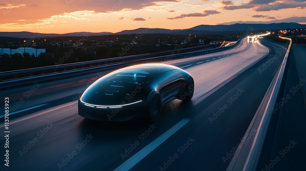 Obraz premium Futuristic Autonomous Vehicle Driving at Sunset