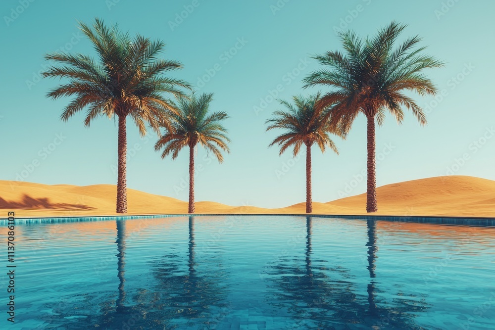 serene oasis features small pool of blue water reflecting tall palm trees against sandy dunes clear midday sky. tranquil setting highlights nature's beauty and simplicity. serene oasis features small pool of blue water reflecting tall palm trees against sandy dunes clear midday sky. tranquil setting highlights nature's beauty and simplicity.