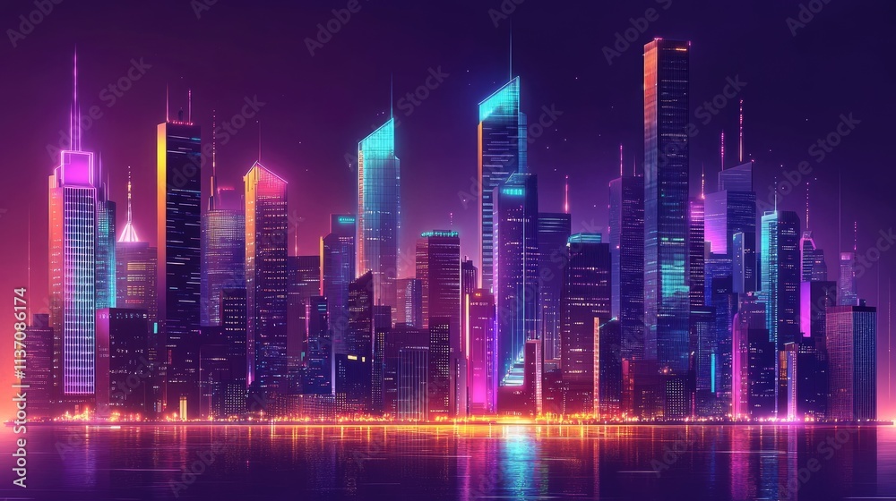 Vibrant neon cityscape at night, reflecting on water. Vibrant neon cityscape at night, reflecting on water.