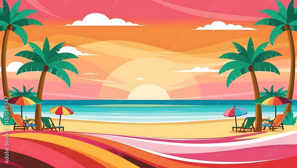 Obraz premium Idyllic Tropical Beach Sunset Scene With Palm Trees