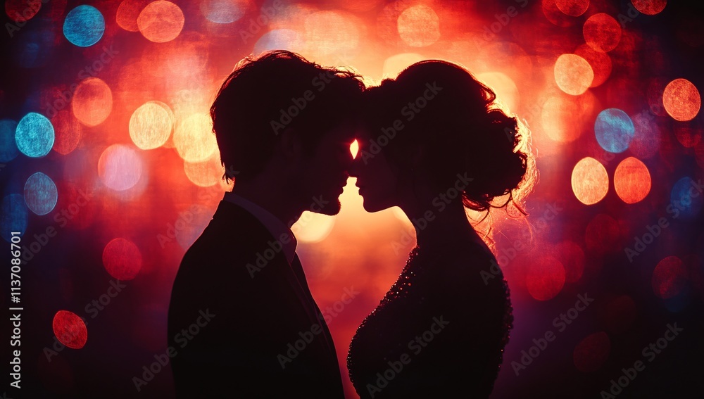 Romantic Couple Silhouette Bokeh Lights Love Intimacy Dating Night Celebration Romantic Couple Silhouette Bokeh Lights Love Intimacy Dating Night Celebration