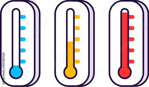 Thermometer line icons in simple cartoon. Blue (cold), red (hot) and yellow (normal) Vector clip art illustration.