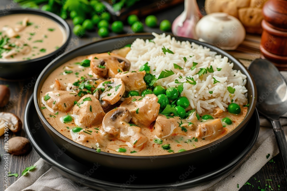Chicken in creamy mushroom sauce with rice and peas Stew with veggies and mushroom cream Chicken in creamy mushroom sauce with rice and peas Stew with veggies and mushroom cream