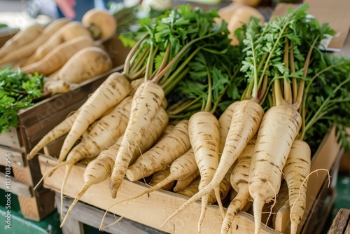 Fresh bio parsnips available at morning market Nutritional value highlighted photo