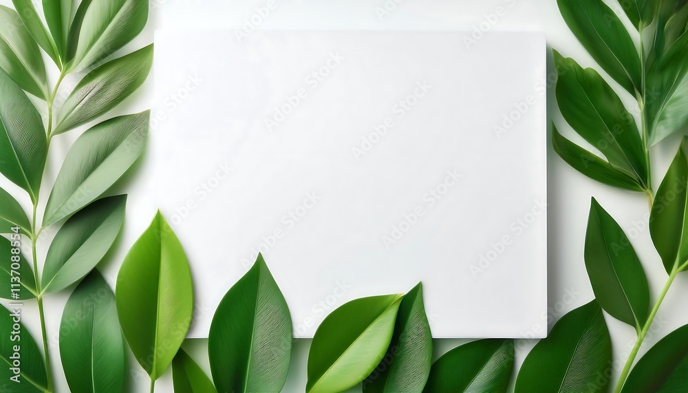 Bright green leaves frame a blank square in a minimalistic flat lay composition with vibrant foliage. Generative AI Bright green leaves frame a blank square in a minimalistic flat lay composition with vibrant foliage. Generative AI
